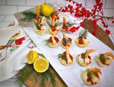 Shrimp Tarts with Caper Cream Cheese & Cocktail Sauce
