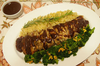 Pork Tenderloin with Balsamic Berry Sauce served with Brown Rice and Sizzled Garlic Broccoli Submitted by MHC