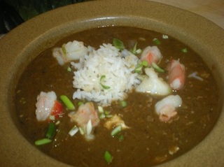 Seafood Gumbo Topped with Shrimp, Rice & Scallions Submitted by Mya Z.