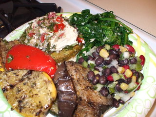 My Grilled Sweet Bell Peppers, Zucchini, Eggplant, Mushrooms, Along With Dr. Praeger's Veggie Burger, Topped  With My  Homemade Humus & My Homemade Tabbouleh, My Black bean Salad And The Rapini in this Recipe. Submitted by Rache