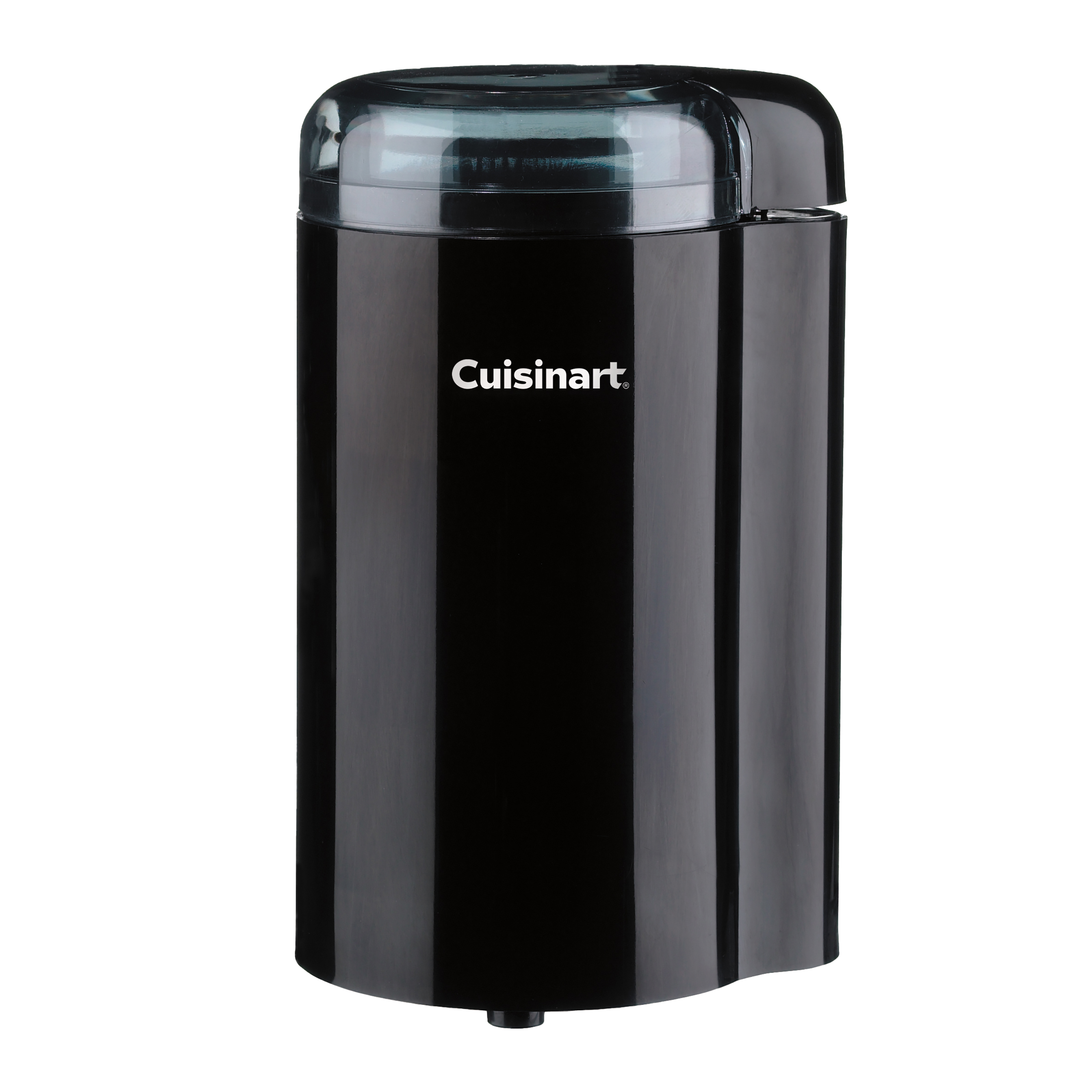 Electric coffee grinder with a clear lid, photographed against white